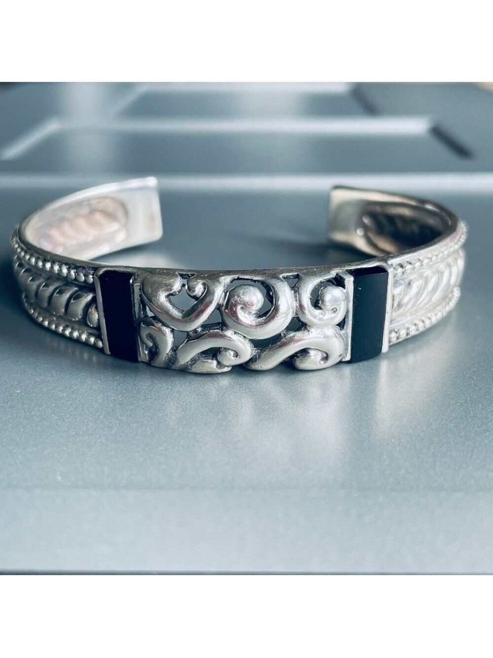 Vintage Filigree Ornate Onyx Sterling Silver Braided Dotted Cuff Bracelet